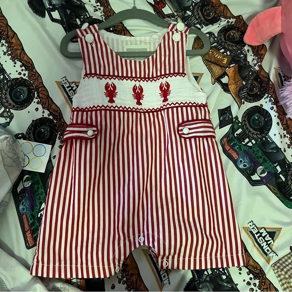 Striped Red and White Kids Romper with Lobster Embroidery - Picture 1 of 3